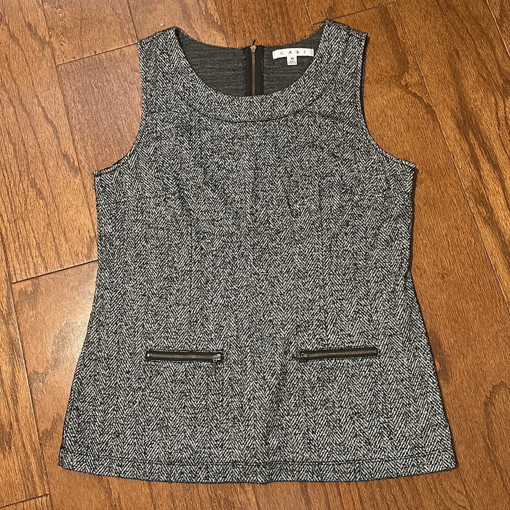 CABI CeCe Sleeveless Black Tweed Herringbone blouse shell - Picture 2 of 6